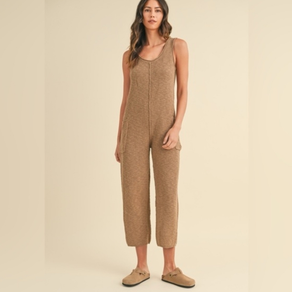 MABLE Sleeveless Knit Crop Urban Hippie Boho Jumpsuit Pockets Mocha Brown Medium - Picture 14 of 14